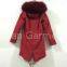 comfortable all red long jacket faux fur inside with large raccoon fur collar hood parka coat free shipping