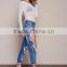 MGOO High Quality Tore Up Knee Women Blue Color Jeans Cotton Baggies In Fold Pants 2016