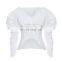 TWOTWINSTYLE Pearls V Neck Ruched Puff Sleeve Irregular White Blouse Women 2020 Spring