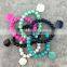 Stretch Colorful Glass Beads Bracelet With Enamel Quatrefoil Disc Charm for Monogram