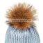 Myfur Women Baby Blue Striped Wool Scarf with Natural Raccoon Fur Balls