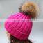 Rose color top grade winter acrylic beanies with large natural fur ball