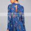 New Design Ladies Royal Blue Floral Print Lace Long Sleeve Swing Dress