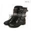 olzb21 latest design alibaba women's hot rivets studded cow skin made lace up three buckle black low heel boots