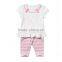 New arrival stripe ruffles kid tshirt sets puff sleeve pink girl two piece outfits cartoon animal baby suit