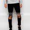new model Super Skinny Fit black Distressed denim man jeans pant with Rip Knee brand logo(LOTA001)