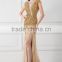 Elegant Golden Satin and Yarn Prom Dress with Beading and Side Slits High Quality Charming O-Neck Backless Sexy Prom Dress