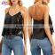 Ladies Designer Sequin Crop Tops for Women Black Criss Cross Halter Sequined Cami Top HSt7106