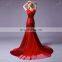 Amazing Beaded Cap Sleeves Flowing Lace Sequins Long Train Red Mermaid Evening Dresses China 2015