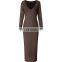 Wholesale Fashion Women rib fabric Deep V neck long sleeve maxi casual lady dresses