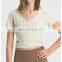 Fashion Wholesale Fitness Gym Sexy V Neck Front Cross Short Sleeve Crop Top Ribbed Slim Fit Women Workout Sports Yoga T Shirt