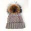 Myfur Light Grey Popular Design Cable Knit Hat with Removable Raccoon Fur Pom Pom