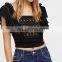 Women Sexy Lace Trim Ruffel Sleeve Backless Bridget Crop Top