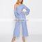 Asymmetric Plain Off The Shoulder Bow Waist Gathered Long Sleeve Rompers Jumpsuits Women 2017 Summer