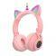 Pink Unicorn Earphones Kids with LED Wireless Bluetooths Glowing Headphone Cat Ears 3.5mm On Ear Audio Headset for kids