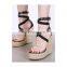 women unique cheap price good quality high heels contrast color cross belts ankle buckle wedges platform sandals shoes(LAJWG0003