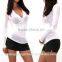 2015 cheap sexy women plain jersey long sleeve low cut v neck wrap stretch fitted blouse