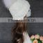 Wholesale Latest UK Style Colorful Wool Crochet Hat With Raccoon Fur Pom Poms White Crochet Knit Hat