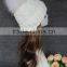 High Quality Knitted Beanie With Fur Pompom Girls Winter Beanie Hat White