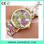 2016 geneva style floral ribbon watch, gold plated flowery face lady watch, vogue hot fashion lady watch