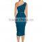 Lady's silk crepe de chin royal blue colour drape evening dress style