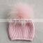 Myfur Baby Pink Striped Pattern Knitting Hat with Real Raccoon Fur Bobble
