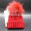 Hot Sale Lovely Color Knitted Wholesale Wool Knit Hat Baby With 13cm Raccoon Fur Pompom