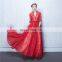 Custom Made V Neck 1/2 Sleeve Red A Line Elegant Lace-up Hollow Lace Beaded Evening Dress