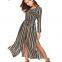 Long Sleeve Buttons Down Striped Waist Band Long Shirt Dress