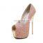 ladies latest handmade good quality shinning fabric high heels peep toe glitter finish platform sandals shoes