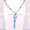 Natural Turquoise Stone with Glass Tassel Jewelry Pendant Necklace, Pave Crystal Beads Hematite Beaded Necklace