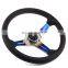 car race tuning titanium blue spoke steering wheel leather wrap, 14 inch horn button race car steering wheel
