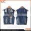 Wholesale 2016 custom OEM dark blue beaded sleeveless women denim jacket with holes
