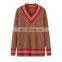 2024 Winter Casual Girls V Neck Sweater Striped Pullover Thick 100% Cashmere Long Length