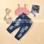 New children's clothing solid color sling striped top + European and American wind hole open bag jeans kids suit
