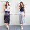 2016 Summer Fashion Women Chiffon Pant Elastic High Waist Multi Stripe Pleated Three Quarter Wide Leg Lady Pants Trousers