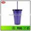 16 ounce Insulated green plastic diamond tumbler with drinking straw