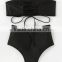 Fashion Solid Black Lace Up Bandage Bikini Swimwear Seamless Bandeau Bikini Top