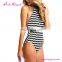 Wholesale Women Stripe Black Halter Neck One Piece Swimsuit Swimwear