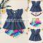 2020 new girls' sets summer denim blouses + print rainbow flowers shorts fashion children's clothing suit