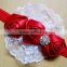 3 rose flowers with lace trim and rhinestone elastic headband for infant baby