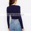 Plain 95% Cotton 5% Spandex Womens Long Sleeve Crop Tee Blank Navy Blue Slim Fit Ladies Cropped V neck T shirts