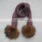 Myfur Classic Ribbed Pattern Knit Scarf for Kids with Two Big Size Natural Raccoon Fur Pom Poms