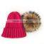 Myfur Wholesale Women Crochet Wool Acrylic Knit Beanie with Natural Color Raccoon Fur Pom Pom