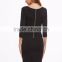 Black Asymmetric Hem Zipper Back Sheath Dress 3/4 Sleeve Cotton Spandex Casual Plain Tee Dress