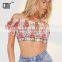 Sexy mesh embroidered floral tops off shoulder ladies blouse