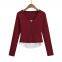 European style V-neck color-matched patchwork faux two-piece long-sleeved T-shirt for women in autumn and winter, new style, with a ladylike temperament, fits well and makes the figure look slimmer.