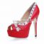 wholesale ladies red plus size genuine leather low platform peep toe diamond high heel sandals