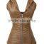 Women 16 Double Steel Bone Leather Fabrics Zippered With Thick Rope Tie Belt Overbust Shaper Corset