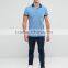 Short Sleeve Button Placket Split Sides Contrast Collar Men's 100% Cotton Breathable Pique 200g Casual Blue Blank Polo Shirt